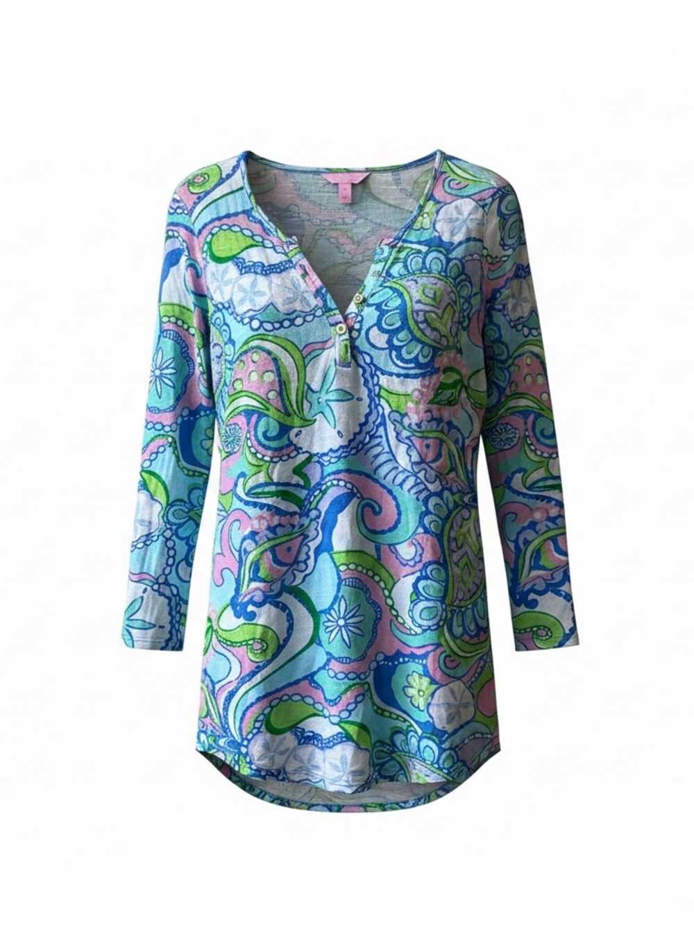 Lily Pulitzer Etta Henley Tunic Concha Republic Top Sz M Paisley Curved Hem NWOT